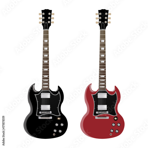 Electric guitar isolated on white background, black and red colors, vector illustration