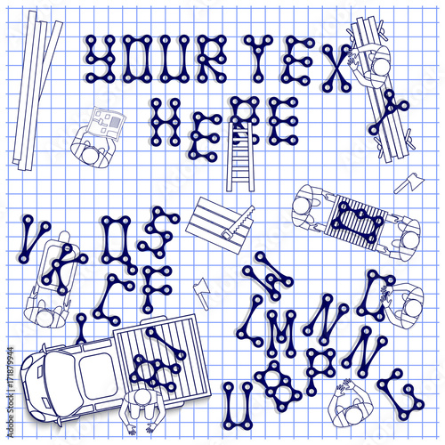 Workers install the letters on a sheet in a cage. View from above. Vector illustration. photo