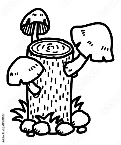 mushroom and wooden log / cartoon vector and illustration, black and white, hand drawn, sketch style, isolated on white background.