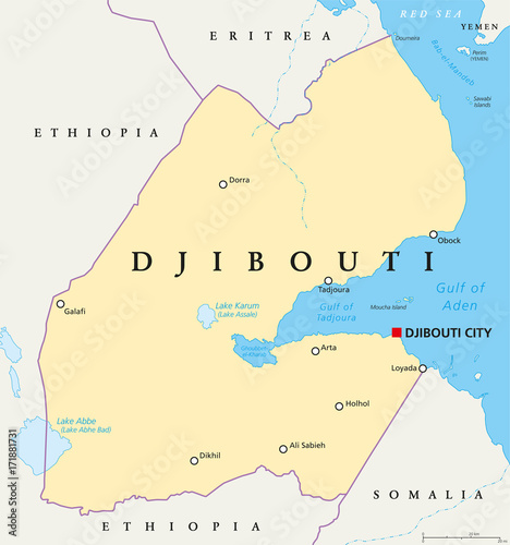 Djibouti political map with capital Djibouti City, borders and important cities. Republic and country in the Horn of Africa with coastline along the Red Sea. Illustration with English labeling. Vector photo