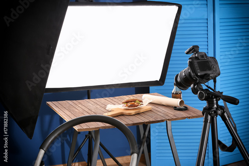 Photo studio with professional lighting equipment during shooting food photo