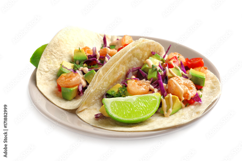 Plate with delicious shrimp tacos, isolated on white Plate with delicious shrimp tacos, isolated on white