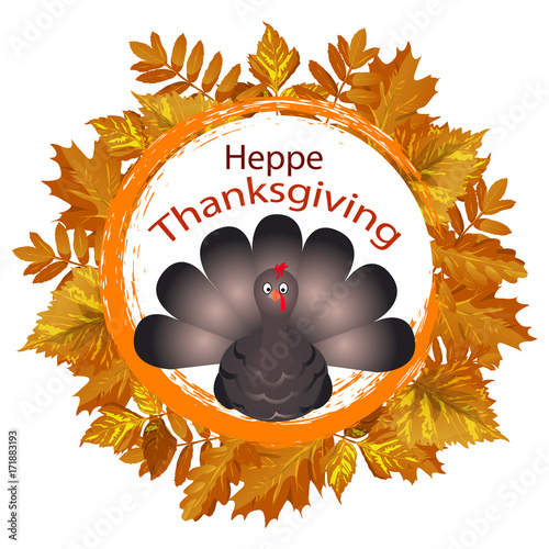 Vector Illustration of a Happy Thanksgiving Celebration Design with Cartoon Turkey and Autumn Leaves