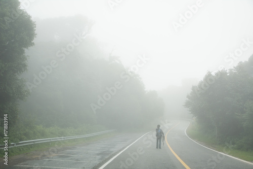 Man in mist land, Fog background