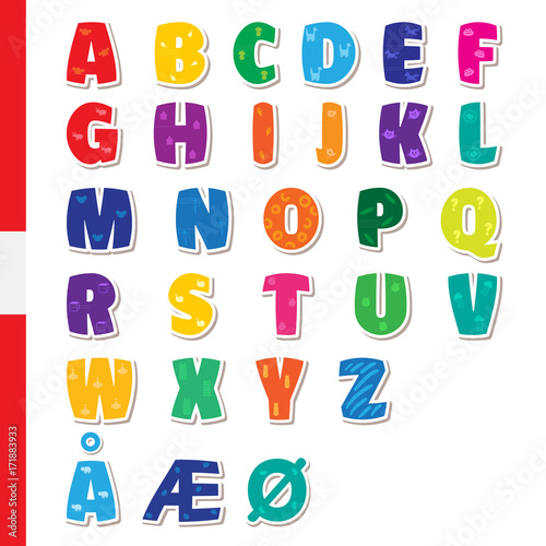 Cute funny childish Danish alphabet. Vector font illustration