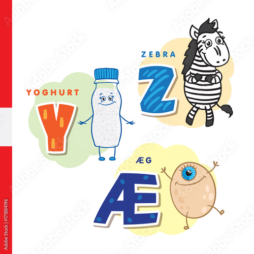Danish alphabet. Yogurt, zebra, egg. Vector letters and characters