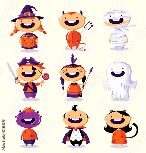 Halloween set of cute cartoon children in colorful costumes