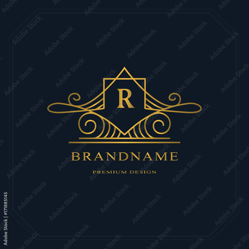 Gold Line graphics monogram. Elegant art logo design. Letter R. Graceful template. Business sign, identity for Restaurant, Royalty, Boutique, Cafe, Hotel, Heraldic, Jewelry, Fashion. Vector elements Gold Line graphics monogram. Elegant art logo design. Letter R. Graceful template. Business sign, identity for Restaurant, Royalty, Boutique, Cafe, Hotel, Heraldic, Jewelry, Fashion. Vector elements