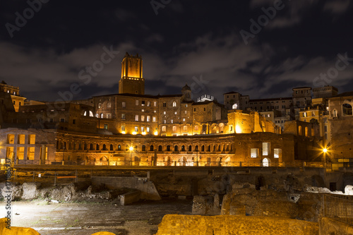Night view of the market of Trajan - the ruins of shopping buildings on the forum of Trajan in Rome. Italy