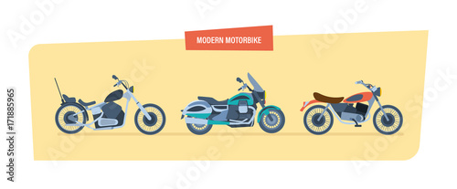 Different types of modern motorcycles: sports, biker motorcycle, classic. © Idey