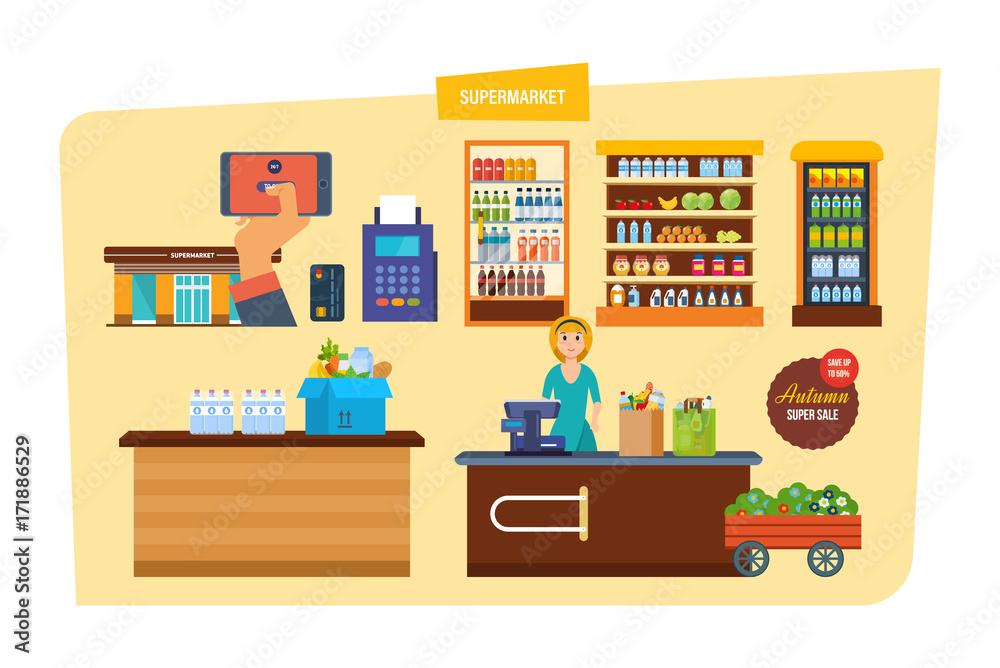 Supermarket building with products shelves. Grocery items, retail.