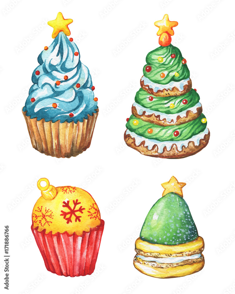 Set cupcake a christmas tree shape, sugar star. Christmas decoration for greeting card, invitation, paper. New Year. Watercolor hand drawn painting illustration isolated on white background. Set cupcake a christmas tree shape, sugar star. Christmas decoration for greeting card, invitation, paper. New Year. Watercolor hand drawn painting illustration isolated on white background.