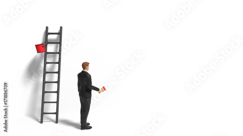 miniature figurine businessman character with ladder and red paint in front of a wall