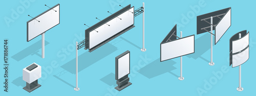 Billboard isometric. Set of different perspectives advertising construction for outdoor advertising big billboard on blue background isolated vector illustration