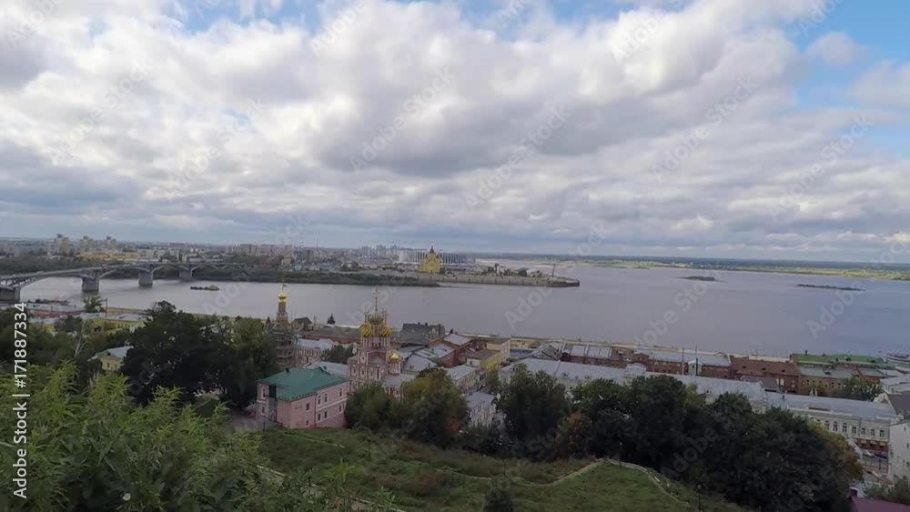 Panoramic autumn view of Nizhny Novgorod from embankment and construction of a new stadium near the port. Panoramic autumn view of Nizhny Novgorod from embankment and construction of a new stadium near the port.