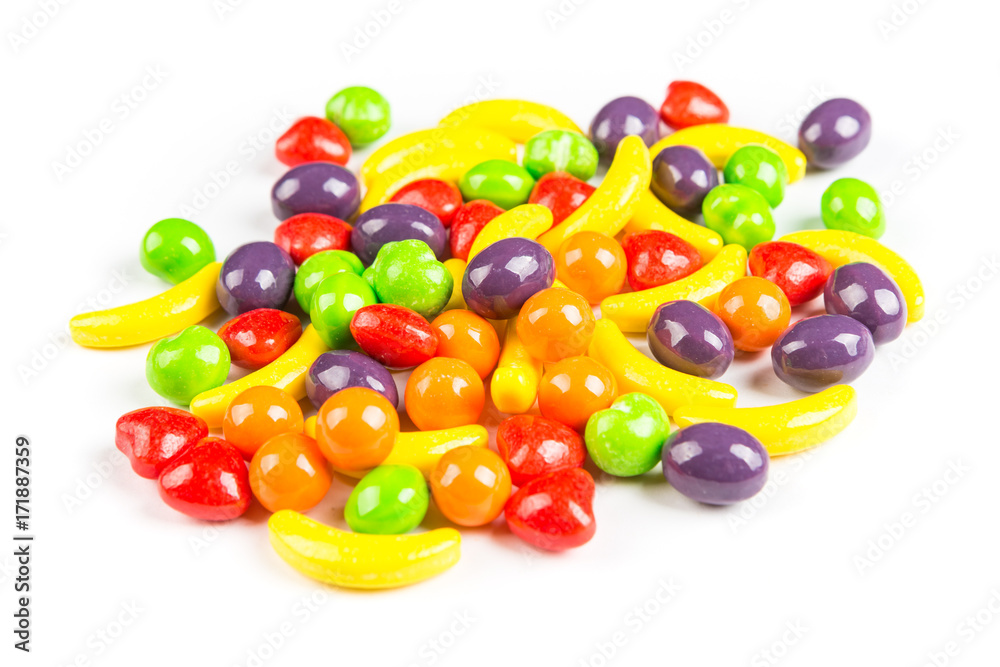Pile of fruit shaped candies isolated on a white background Pile of fruit shaped candies isolated on a white background