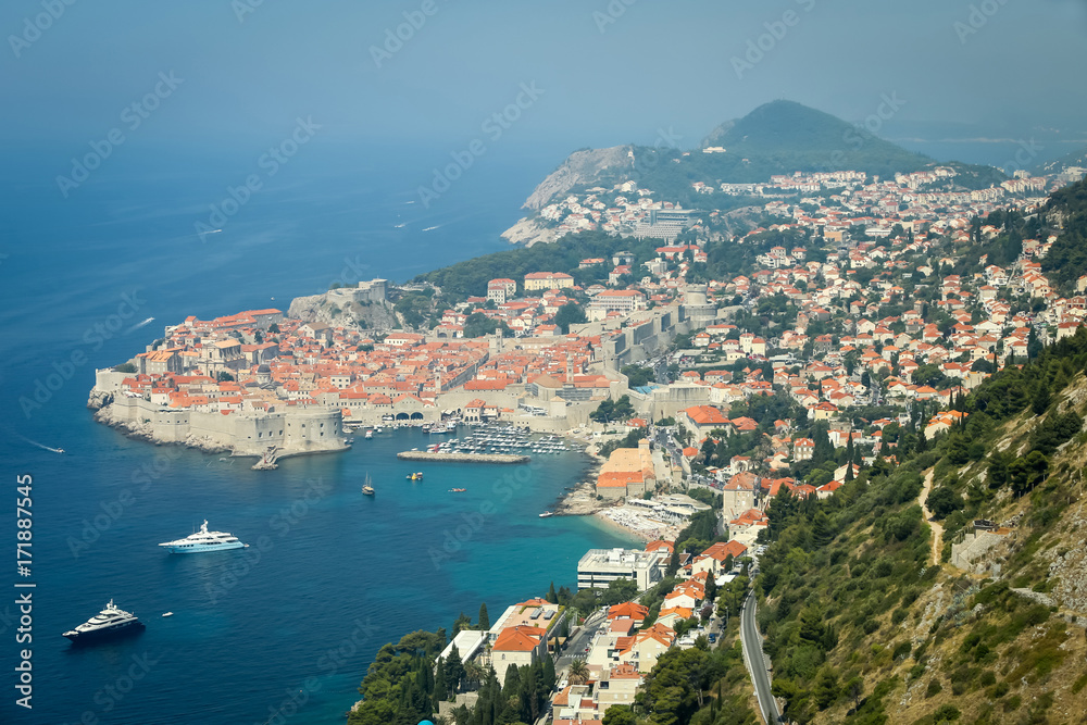A view of the old town of Dubrovnik with the sea port in Croatia.