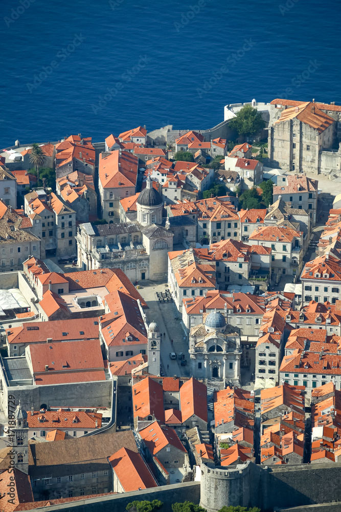 An aerial view of the old town of Dubrovnik with city walls in Croatia.