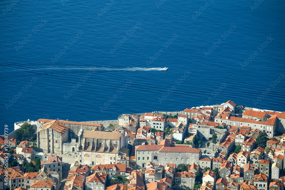 An aerial view of the old town of Dubrovnik with city walls in Croatia.