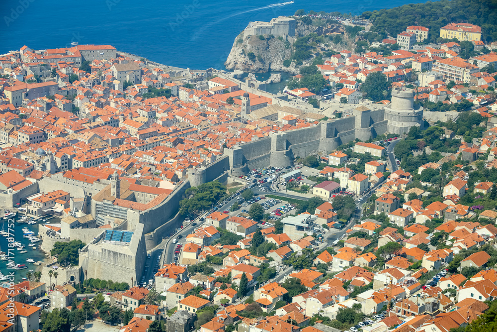 A view of the old town city walls of Dubrovnik in Croatia.