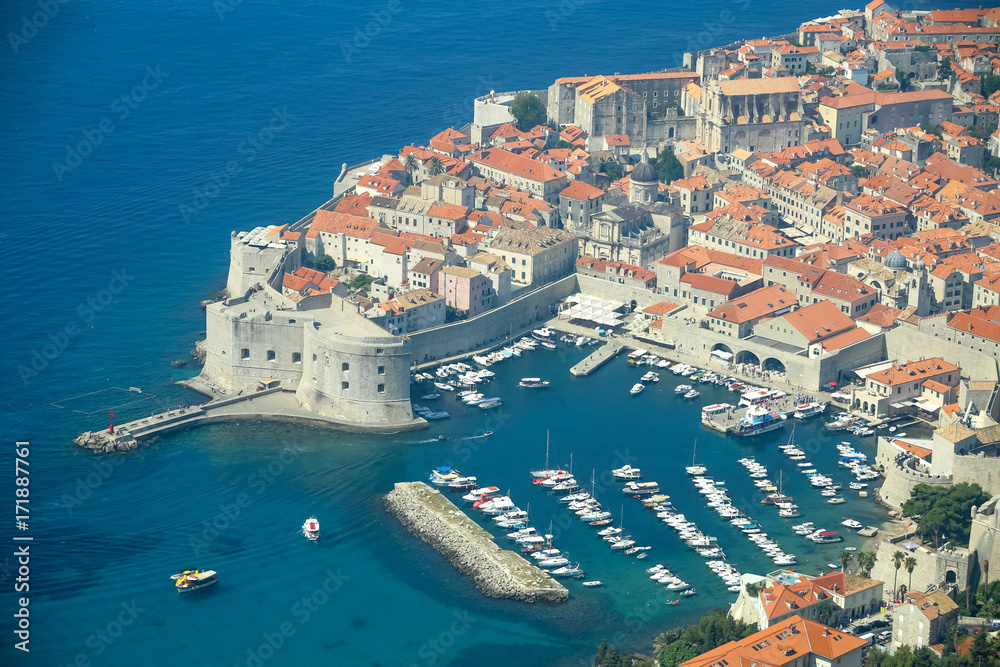 A view of the old town of Dubrovnik with the sea port in Croatia.