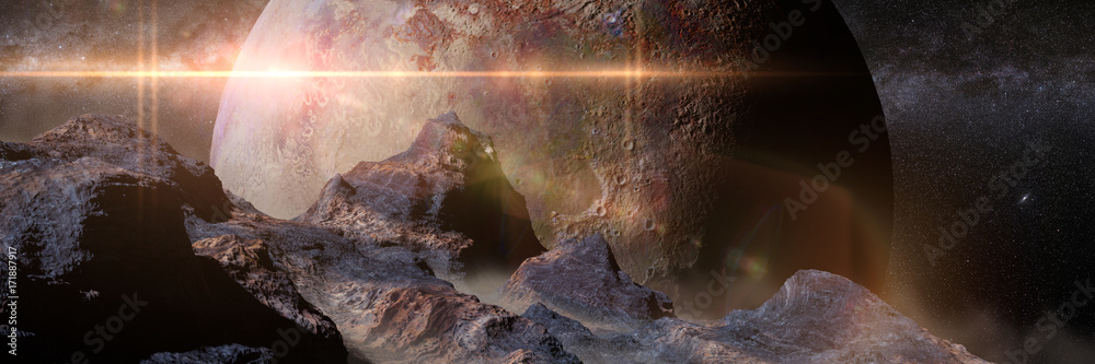 Naklejka premium alien landscape with planet over the horizon