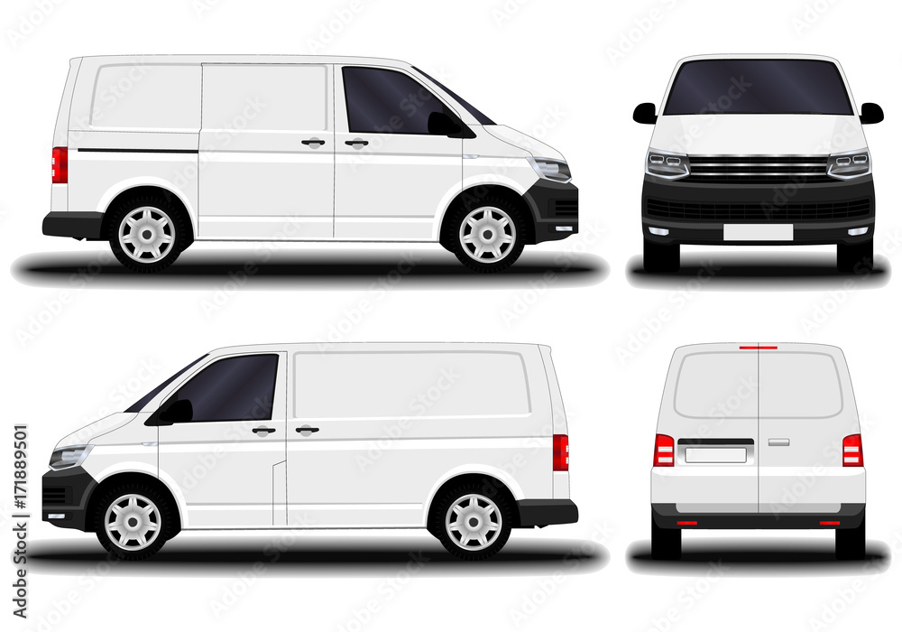 realistic cargo van. front view; side view; back view. realistic cargo van. front view; side view; back view.