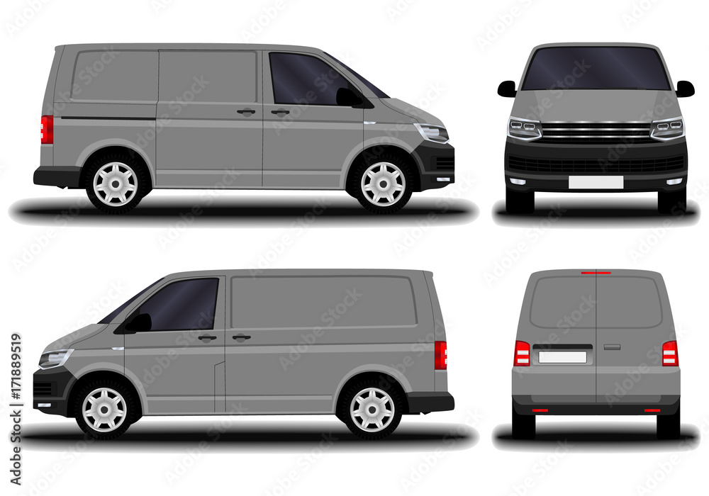 realistic cargo van. front view; side view; back view.