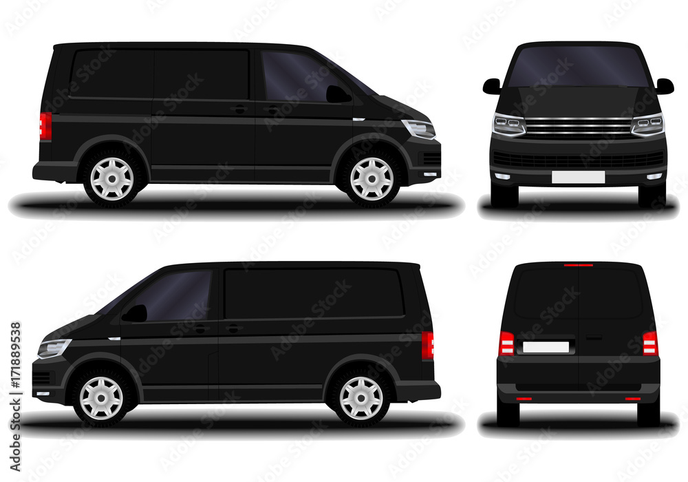 realistic cargo van. front view; side view; back view.