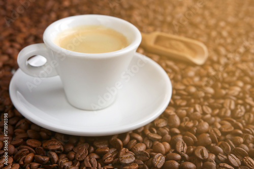 Coffee cup on the background of coffee beans on a sunny afternoon