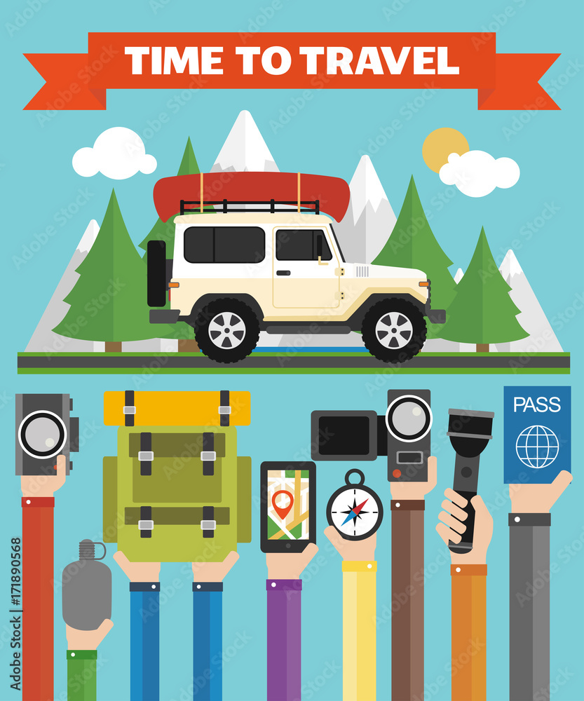 Obraz premium Time to Travel modern flat design with jeep,summer holiday .Vector illustration