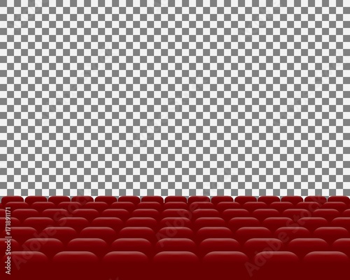 Rows of red cinema movie theater seats on transparent background, vector illustration