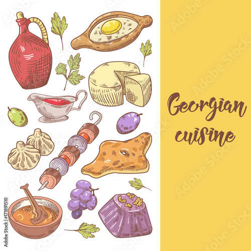 Hand Drawn Georgian Food Menu Cover. Georgia Traditional Cuisine with Dumpling and Khinkali. Vector illustration
