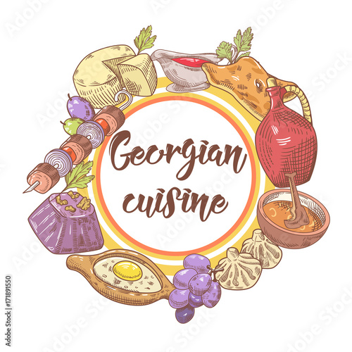 Hand Drawn Georgian Food Menu. Georgia Traditional Cuisine with Dumpling and Khinkali. Vector illustration