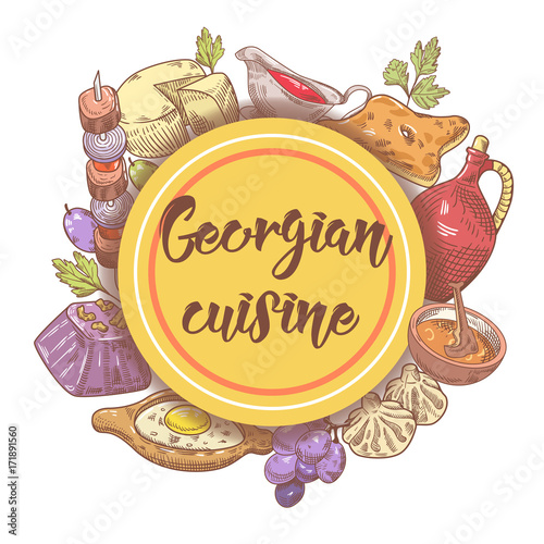 Hand Drawn Georgian Food Menu. Georgia Traditional Cuisine with Dumpling and Khinkali. Vector illustration