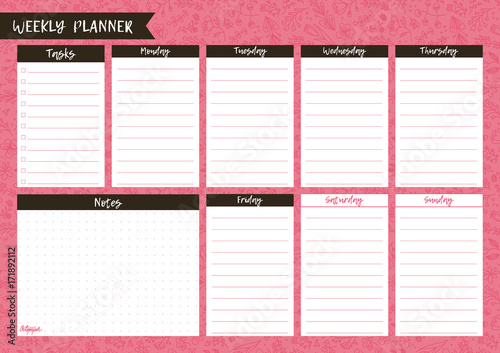Printable weekly planner. Cute page for notes. Notebooks,decals, diary, school accessories. Cute pink romantic vector page.