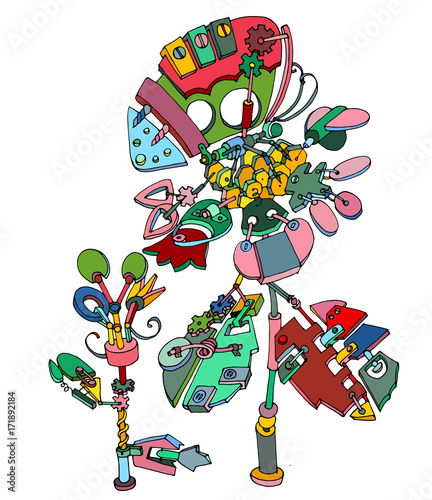 Unusual plant with butterfly made of multicolor gears and mechanical details. Creative steampunk mechanical object. Vector illustration.