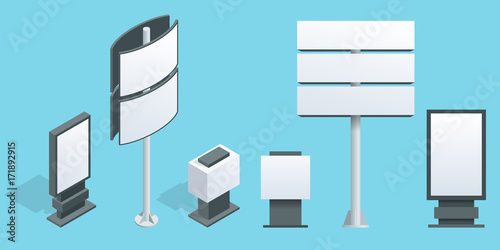 Billboard isometric. Set of different perspectives advertising construction for outdoor advertising big billboard on blue background isolated vector illustration