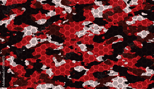 Seamless red black and white camo with hi-tech hexagonal grid pattern vector