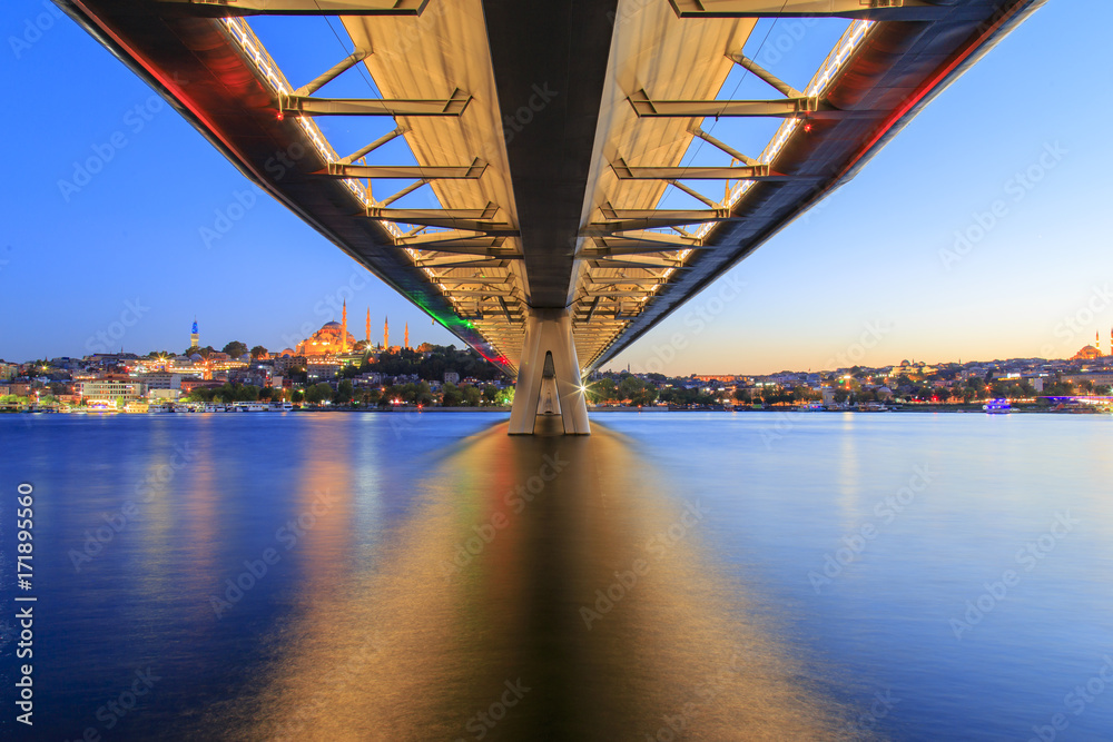 Long exposure aesthetic view of Halic Metro Bridge during the twilight
