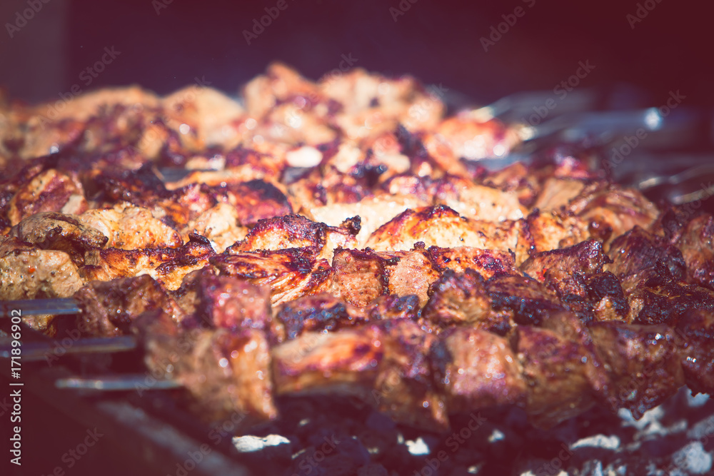 Barbecue. Fried shish kebab from pork meat. Fried chicken meat. Lamb on charcoal Barbecue. Fried shish kebab from pork meat. Fried chicken meat. Lamb on charcoal