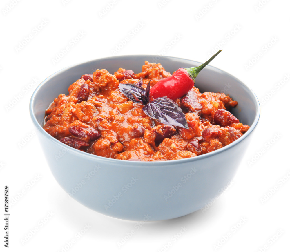 Chili con carne in bowl on white background Chili con carne in bowl on white background