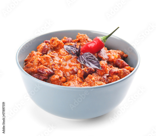 Chili con carne in bowl on white background