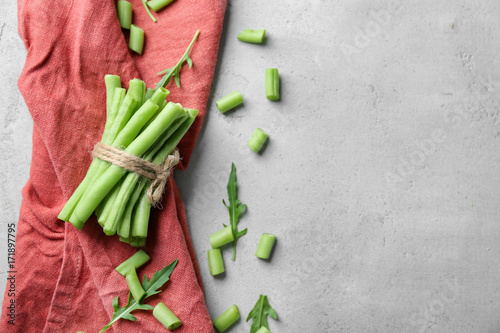 Fototapeta Naklejka Na Ścianę i Meble -  Bunch of fresh green beans on napkin