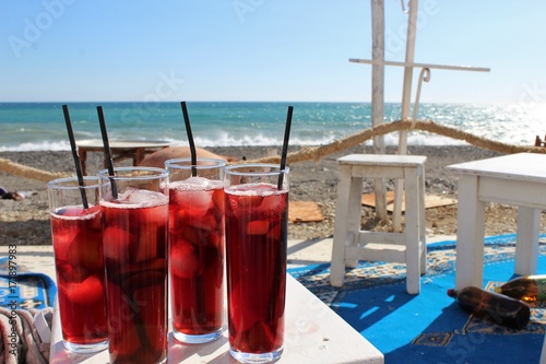 Sangría, tinto verano (red colour) in the beach, holiday, Spain
