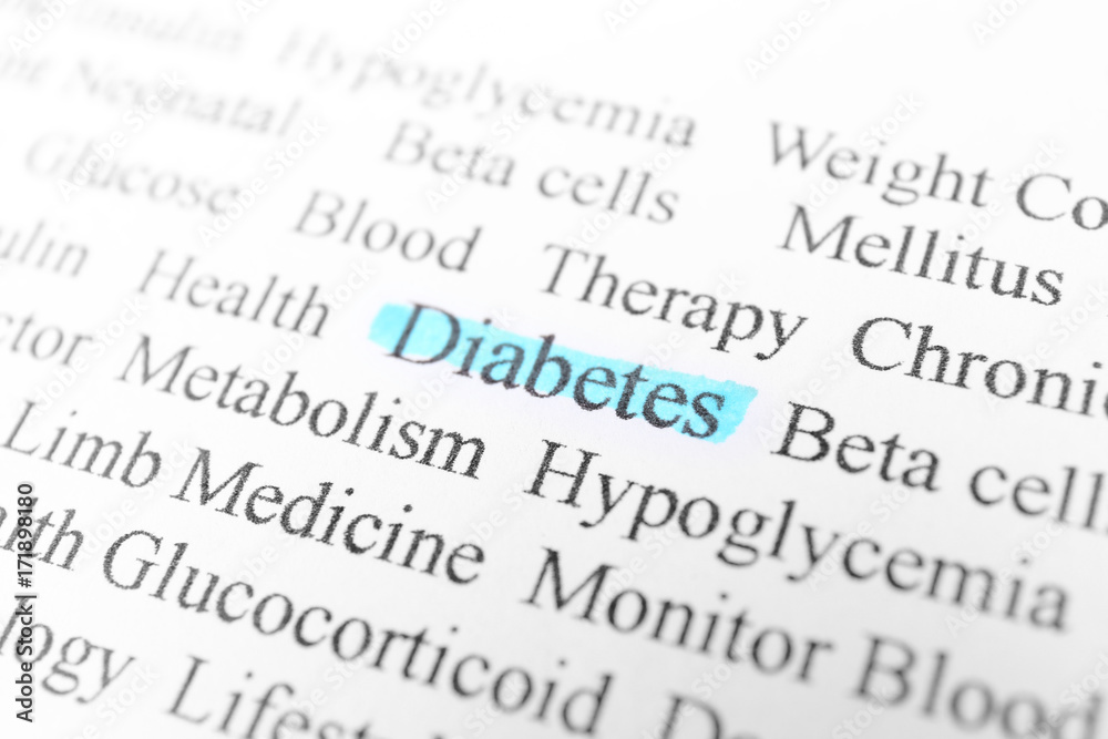 Word Diabetes highlighted on page with text Word Diabetes highlighted on page with text