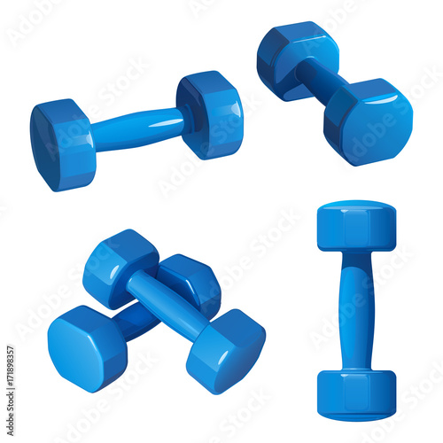 голубые гантели для занятий фитнесом, в разных положениях, на белом фоне
