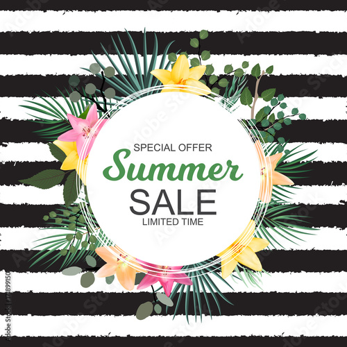 Summer Sale Banner with  Palm and other Leaves and Lily Flowers.