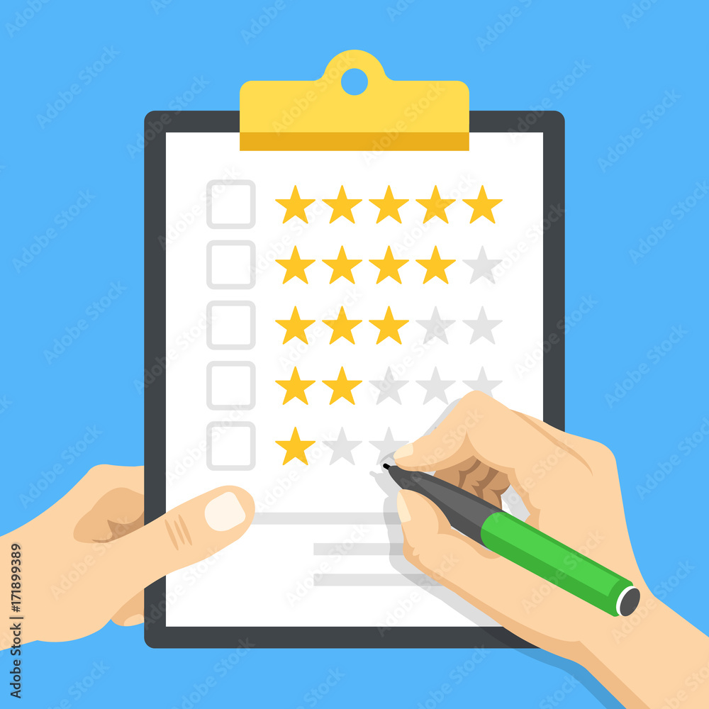 Clipboard with star rating. Hand holding clipboard and hand holding pen ready to check checkbox. Customer review, quality control, marketing, evaluation concept. Modern flat design vector illustration Clipboard with star rating. Hand holding clipboard and hand holding pen ready to check checkbox. Customer review, quality control, marketing, evaluation concept. Modern flat design vector illustration