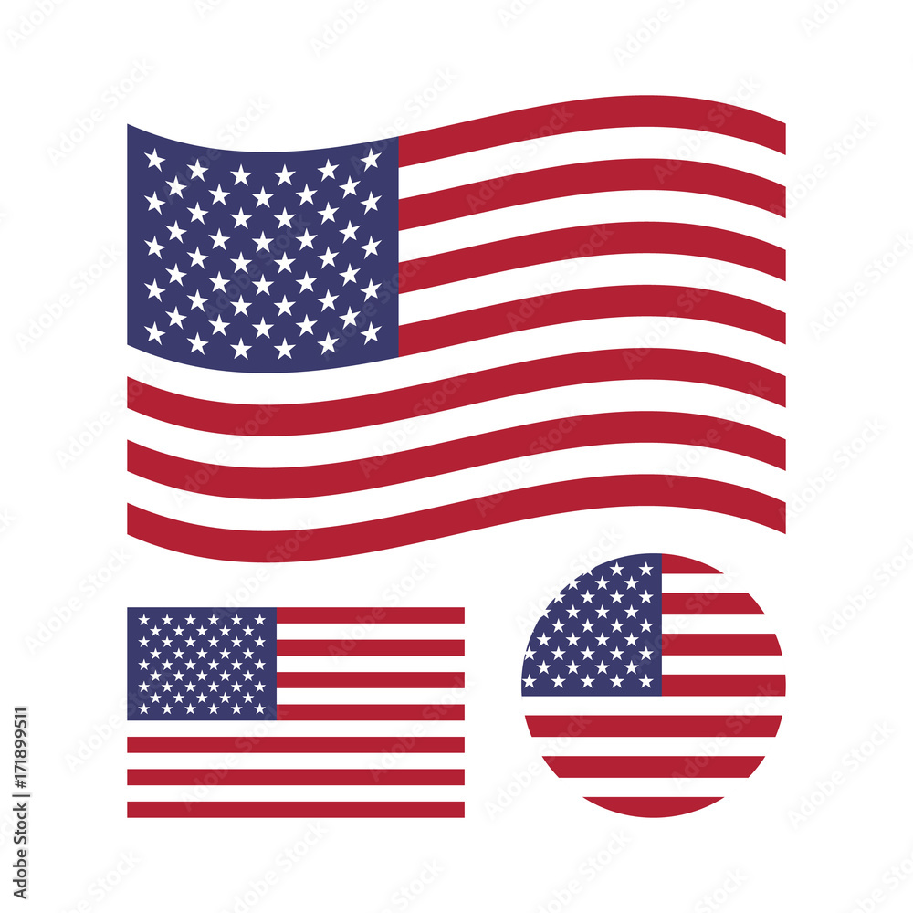 Fototapeta premium Zestaw flagi amerykańskiej. Prostokątna, falująca i okrągła flaga USA. Symbol narodowy Stanów Zjednoczonych. Ikony wektorowe